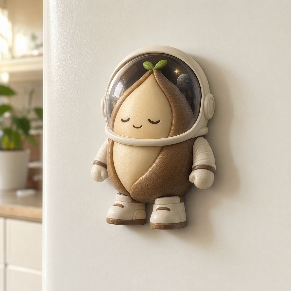 A 3D-printed Saadjie character on a fridge — seed-body astronaut
